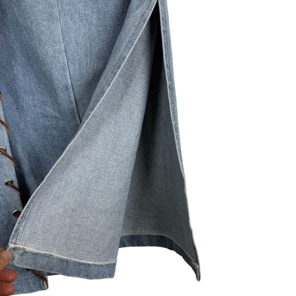 Vtg Be Bop Denim Maxi Skirt Sz 11 Leather Cord Whip Stitch Wrap Detail Lt Wash - Picture 6 of 9